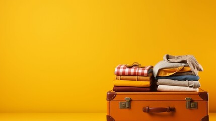 Wanderlust Dreams: Packed Suitcase with Travel Essentials on Vibrant Yellow Background, Ready for Adventure and Holiday Getaway Planning. - obrazy, fototapety, plakaty