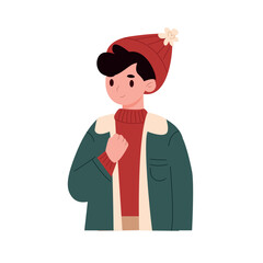 Cute boy in warm winter clothes. Vector illustration in flat style