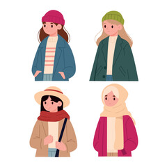 Set of different people in winter clothes. Vector illustration in flat style