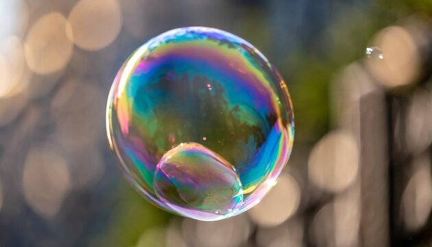 metallic glowing colorful soap bubble in the air in front of a blurry abstract background