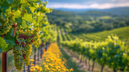 White Grapes and Vineyards in the Countryside. Agricultural landscape.  Wine production.