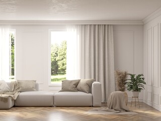 Contemporary classic white interior with furniture and decor and summer landscape in window. Scandinavian interior design. 3D illustration