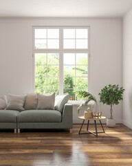 Contemporary classic white interior with furniture and decor and summer landscape in window. Scandinavian interior design. 3D illustration