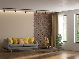 Modern minimalist interior with sofa on empty white color wall background. Interior mockup. Scandinavian interior design. 3D illustration