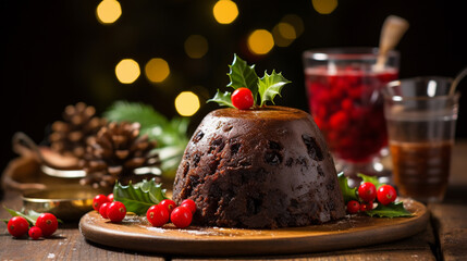 Fototapeta na wymiar Christmas fruit cake, pudding. New Year decoration.