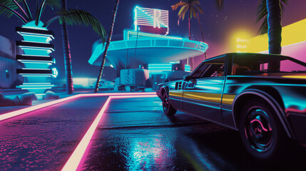 stylish cars at night with neon lights