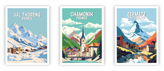 Val Thorens, Zermatt, Chamonix Illustration Art. Travel Poster Wall Art. Minimalist Vector art - obrazy, fototapety, plakaty