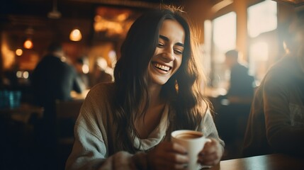 Up-close image capturing the happiness of a young woman indulging in a cappuccino at an urban coffee shop - obrazy, fototapety, plakaty