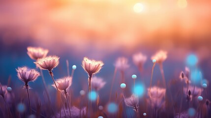 Bokeh background for wallpaper, a meadow at dawn with the first light creating a magical and ethereal atmosphere