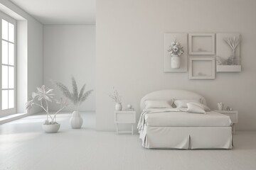 White bedroom concept. Scandinavian interior design. 3D illustration