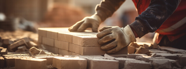 Bricklayer industrial worker installing brick masonry - obrazy, fototapety, plakaty