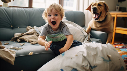 Kid engaged in playful antics with a Labrador, surrounded by cheerful chaos in a sunlit living room - obrazy, fototapety, plakaty