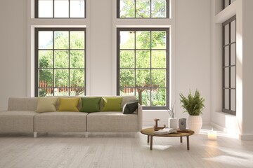 Contemporary classic white interior with furniture and decor and summer landscape in window. Scandinavian interior design. 3D illustration