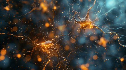 Neural cells featuring luminescent connections resembling knots. Glowing neurons within the brain, highlighted with a focused effect. The transmission of electrical and chemical signals between synaps - obrazy, fototapety, plakaty