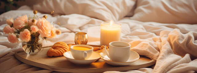 breakfast in bed with coffee and croissants - obrazy, fototapety, plakaty