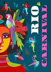 Poster with portrait of woman in brazil carnival outfit. Vector abstract illustration. Design for carnival concept and other