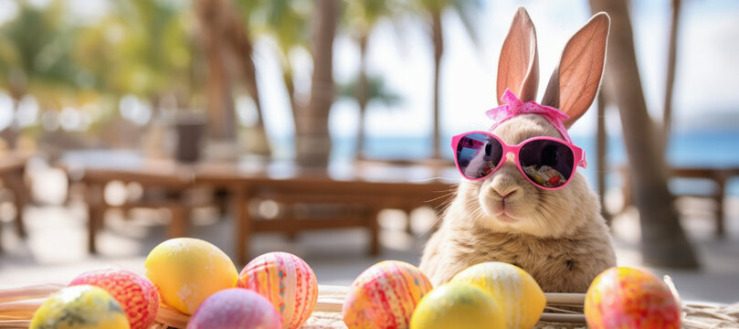 A cool bunny in funky pink sunglasses relaxes at a tropical resort, ready for an unconventional Easter celebration