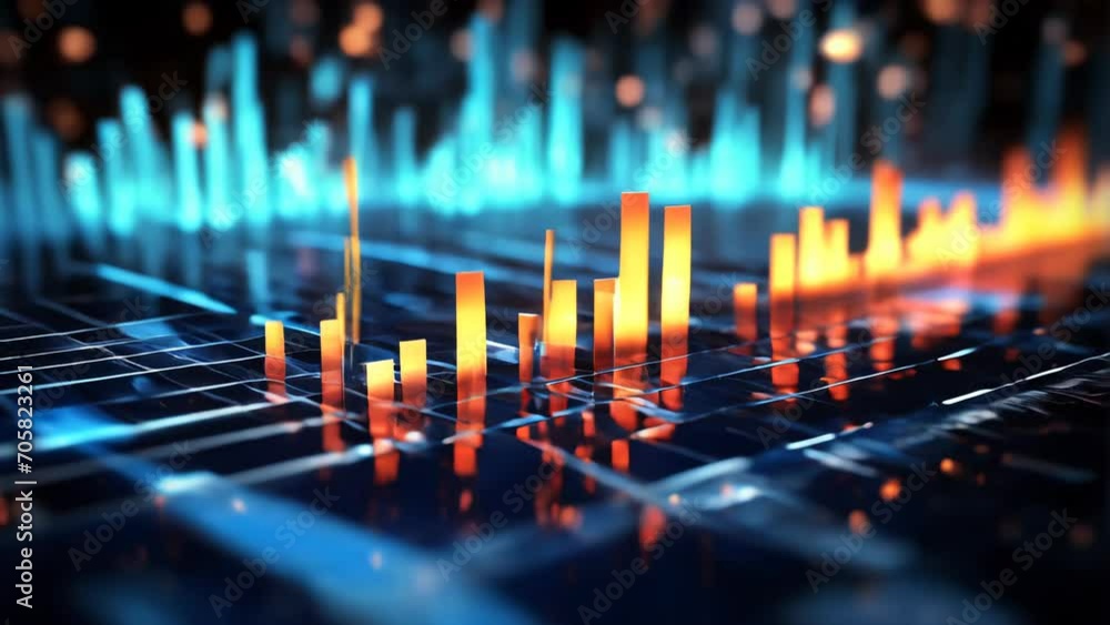 Poster abstract technological animation with pulsating light bars on a grid, concept of data analysis, cybe