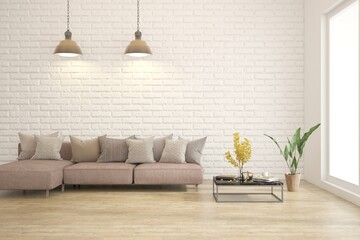 White modern interior design with sofa. Scandinavian interior design. 3D illustration