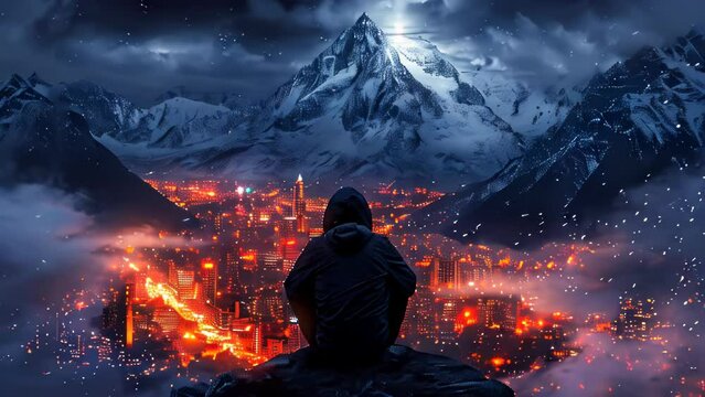 Solitary figure sitting on a mountain overlook against a backdrop of a night sky and snowy peak, overlooking the city lights below animation
