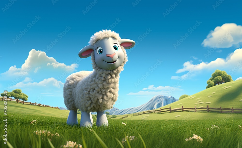 Poster a sheep with a blue face and a pink nose standing in a field of flowers generative ai
