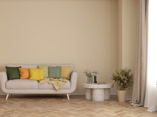 White living room with sofa. Scandinavian interior design. 3D illustration
