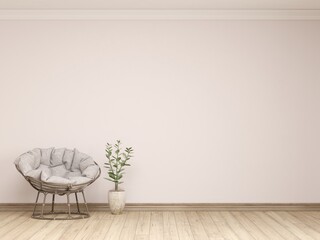 White living room with armchair. Scandinavian interior design. 3D illustration - obrazy, fototapety, plakaty