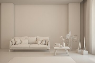 White living room with sofa and summer landscape in window. Scandinavian interior design. 3D illustration