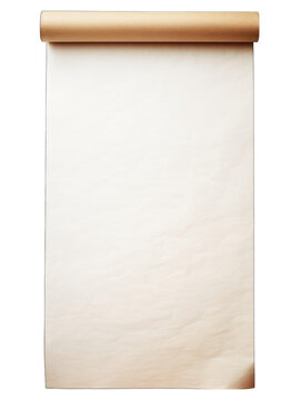An ancient parchment scroll, rolled up with a vintage look on a plain background.