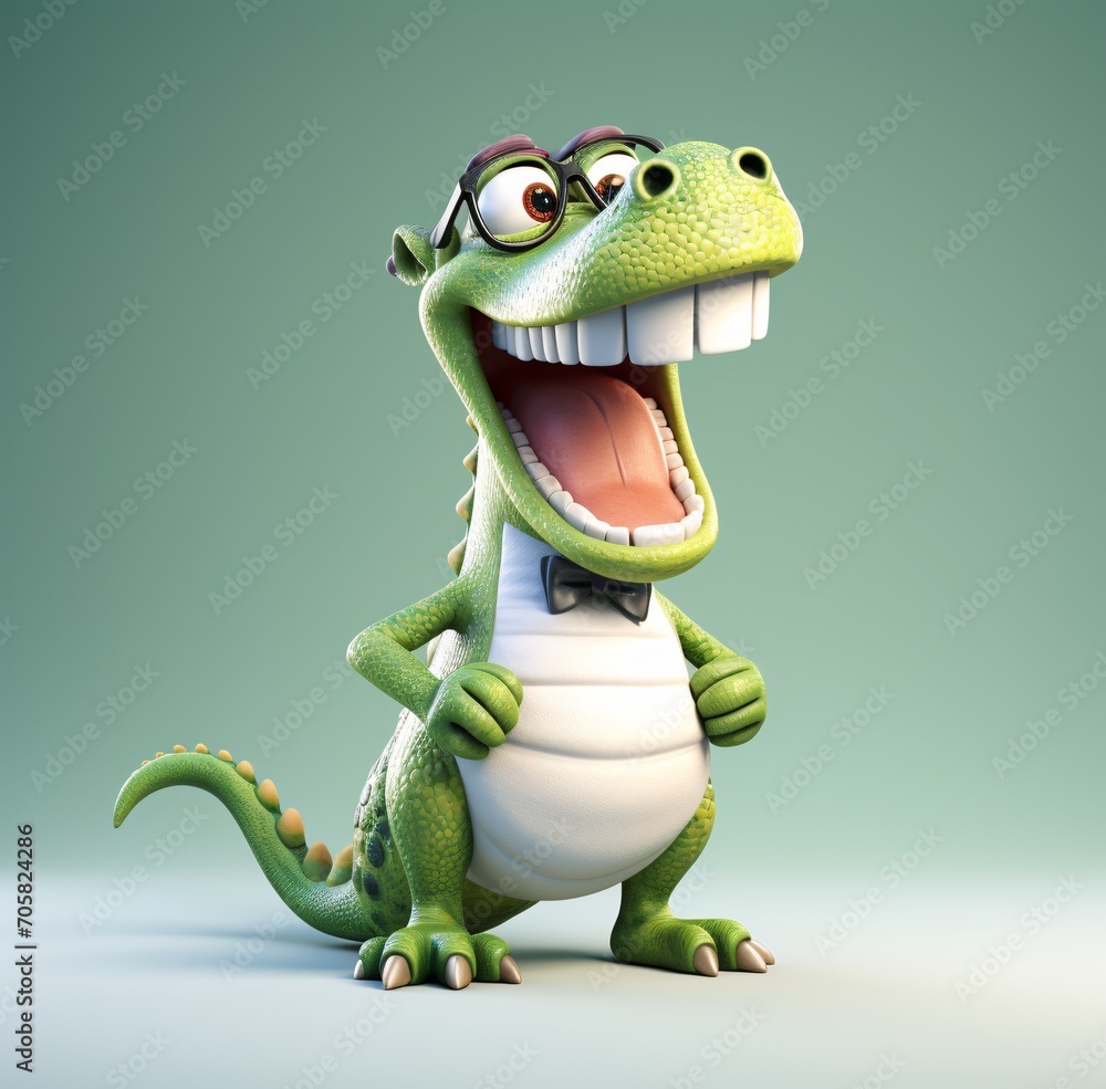 Poster Smiling cartoon alligator with a bow tie Generative AI