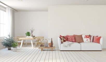 White modern interior design with sofa. Scandinavian interior design. 3D illustration