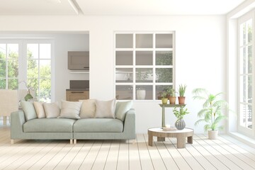 Contemporary classic white interior with furniture and decor and summer landscape in window. Scandinavian interior design. 3D illustration