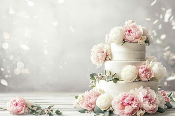 Obraz na płótnie Canvas Big wedding background with peony flowers and wedding cake, copy space.