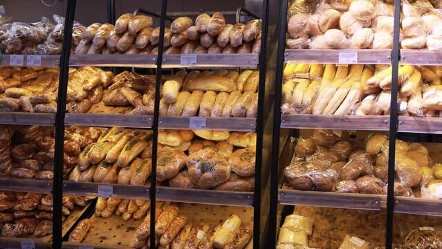 Bakery products on display in a supermarket