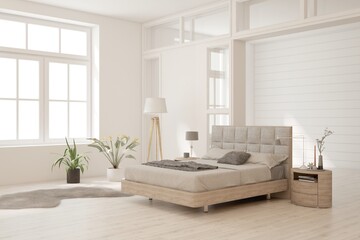 White bedroom concept. Scandinavian interior design. 3D illustration