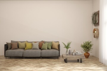 Interior design of modern apartment. Interior mockup. Scandinavian interior design. 3D illustration