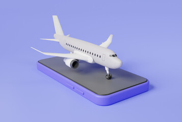 Airplane travel app for mobile phone. Online travel, booking flights, Burning tours, Book a ticket, Trip planning, Travel to World. Travel and tourism concept template. 3d render illustration