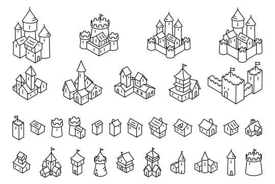 Medieval city isometry buildings. Elements of the map. Middle Ages. Editable outline. Editable outline. Vector line illustration sketch.