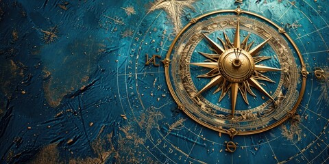 Fototapeta na wymiar Caravels Marine Blue Portolan Map Style Background - Sun, Heliocentric, Compass Rose and Various little Stars Constellation Map - consisting of Golden Filigree created with Generative AI Technology