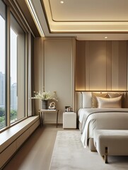 [2426053290] Modern creamy style,bedroom, platform bed is by the small window, window seat rest area, floor cabinets