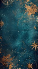 Caravels Marine Blue Portolan Map Style Background - Sun, Heliocentric, Compass Rose and Various little Stars Constellation Map - consisting of Golden Filigree created with Generative AI Technology - obrazy, fototapety, plakaty