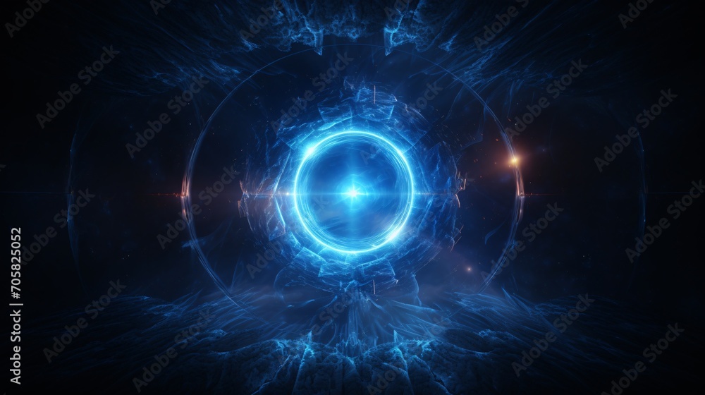 Poster a futuristic space scene with a blue circle in the center generative ai