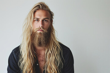 Handsome Norwegian bearded man is blond with long well groomed hair looking at camera