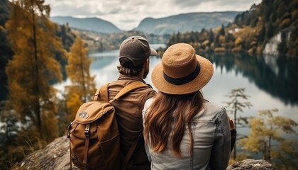 Deportes de aventura en pareja. Senderismo en pareja con vistas al lago y las montañas.