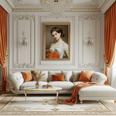 scandinavian living room, in the style of light gray and light gold with orange curtains