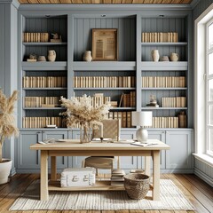 sea breeze blue home office with shelves and a desk, in the style of light gray and light gold, 