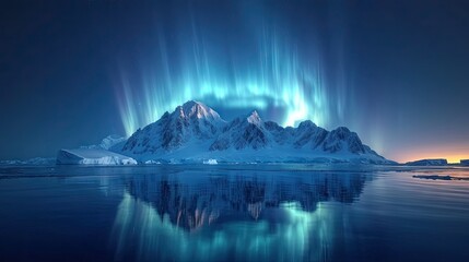 The snow in the antarctica is thick, smooth, and beautiful and aurora sky, mountains  - obrazy, fototapety, plakaty