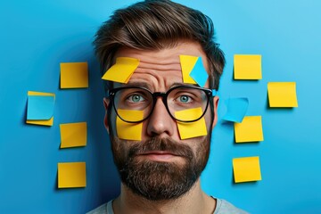 yellow and blue sticky notes covering a mans face - Powered by Adobe