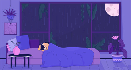Dog sleeping in bed at night rainy 2D cartoon background. Sleepy puppy lifestyle colorful aesthetic vector illustration, nobody. Full moon nighttime window bedroom flat line wallpaper art, lofi image