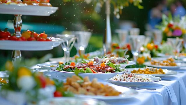 mouth watering indoor catering buffet a variety of delicious dishes. Seamless looping time-lapse virtual video animation background 

